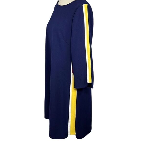 New! Vince Camuto Navy Blue Shift Dress With Yellow and White Side Stripe Sz 8 - Picture 2 of 8